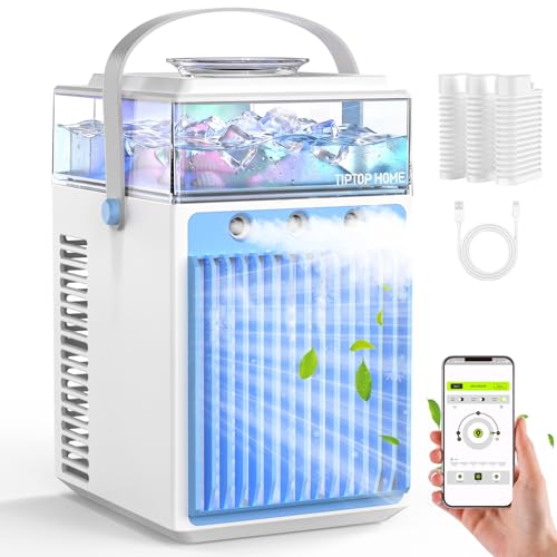 5 in 1 Mini Mobile Air Conditioner, Portable Fan, Air Conditioner Fan with 3 Speeds and 3 Mist Modes, APP Control, No Evacuation Air Conditioners for Room Car, 6 Ice Cubes