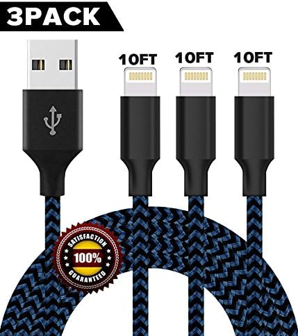 BULESK Lightning Cable 3Pack 10FT Nylon Braided Certified iPhone Cable USB Cord Charging Charger for Apple iPhone X, 8, 7 Plus, 6, 6s, 6+, 5, 5c, 5s, SE, iPad, iPod Nano, iPod Touch (BlackBlue)