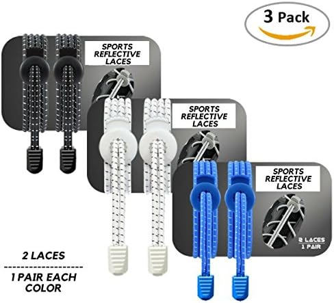 3 Pairs Elastic No Tie Reflective Shoelaces, Lock Shoelaces for Adult and Kids, Running, Climbing, Durable with No Tie Elastic System, Ideal for Sneakers and Boots (Black, White, Blue)