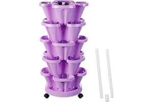 Tectsia Strawberry Vertical Planter GardenTower, 5 Tiered Stackable Planter with Support Pole, Stacking Herb Vegetable Planters Indoor and Outdoor - Purple