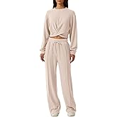QINSEN Women 2 Piece Outfits Sweatsuit Set Twist Front Cropped Sweatshirt Wide Leg Sweatpant Lounge Set Tracksuit