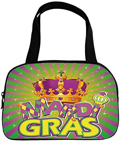 Personalized Customization Small Handbag Pink,Mardi Gras,Antique Crown on Vintage Radial Backdrop Lettering with Checkered Pattern Decorative,Purple Gold Green,for Girls,Personalized Design.6.3"x9.4"x
