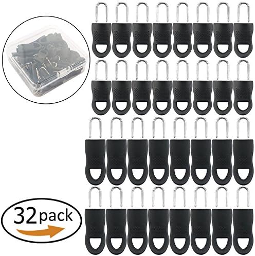 AULE 32 Pieces Black Replacement Zipper Tags Zip Fixer for Clothes or Bags, 16 Pieces Small Fixer and 16 Pieces Large Fixer, with Bonus Storage Case