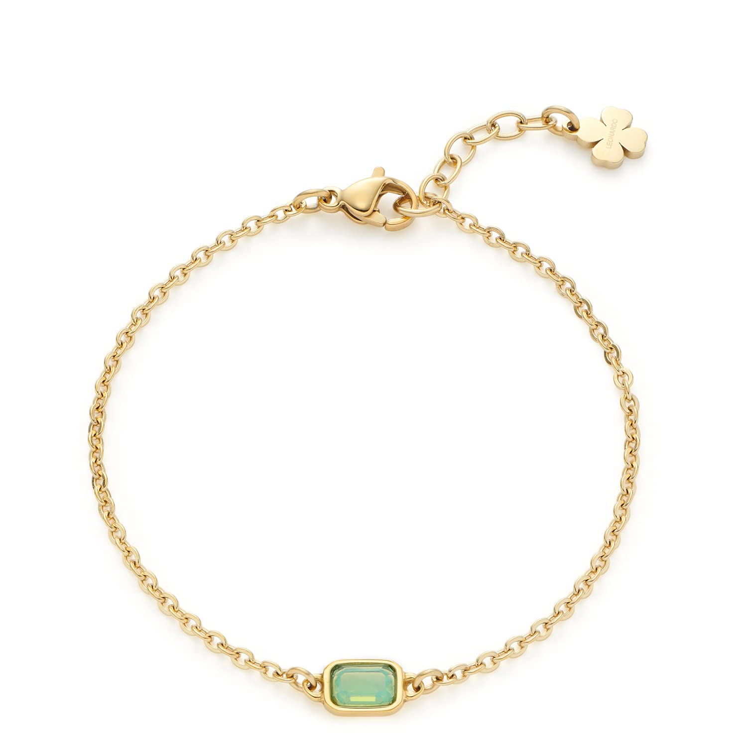 JEWELS BY LEONARDO Ciao Sofia Bracelet Gold-Coloured Stainless Steel Mint Green Glass Crystal and Clover Pendant 17-19 cm Length Gift Women's Jewellery 021652, 17, Stainless Steel, No Gemstone