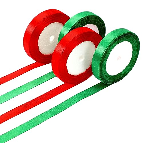 Christmas Ribbons, DECYOOL 4 Rolls 100 Yards Christmas Satin Ribbons 15mm Wide Holiday Craft Ribbons for Gift Wrapping and Xmas Decoration, Red & Green