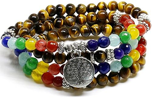Zila Company TREE OF LIFE Necklace Bracelet Jewelry - 108 Mala Beauty Beads and 7 Chakra Stones with Tiger eye and Silver Pendant - for Men and Women, Healing, Kabbalah, Prayer