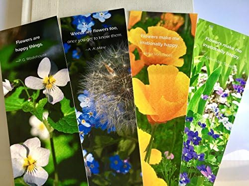 Flower Quote Bookmarks, Set of 4 - Original Design Flower Photography Bookmarks - In Clear Sleeve - Premium Paper &amp; Inks