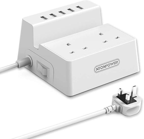 2 Way Extension Lead with 5 USB Sockets Switched Power Strip Desktop