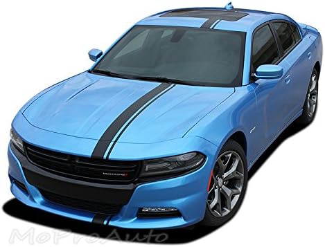 E-RALLY : 2015-2016 Dodge Charger "Euro Style" Offset Bumper to Bumper Vinyl Graphic Decal Stripes (Fits SE SXT RT HEMI ALL MODELS with Factory Lip Spoiler) (Color-3M 02 Gloss Black)