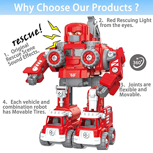 Edpoful Take Apart Robot Toys for Boys, 5-in-1 Rescue Vehicles Transformation Toys, Building STEM Truck Toys for 5 6 7 Year Old Kids