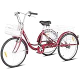 Goplus Adult Tricycle Trike Cruise Bike Three-Wheeled Bicycle w/Large Size Basket for Recreation, Shopping, Exercise Men's Women's Bike (Red, 24