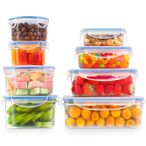 YASHE Food Box Set, 16 Pieces (8 Containers, 8 Lids), Airtight Reusable Plastic Food Boxes, BPA Free, 100% Leakproof