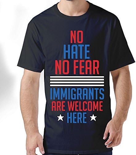 HFLOD PLODFC No Hate No Fear Immigrants Are Welcome Here Men's Classic Short-Sleeve Crewneck Cotton T-Shirt