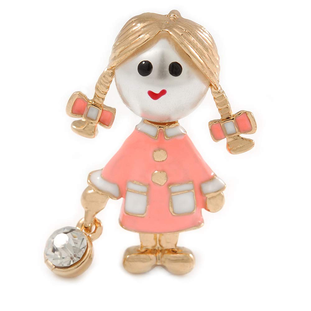 Funky Neon Pink Enamel, Pearl Bead Doll Brooch/Pendant with Crystal Purse In Gold Tone Metal - 40mm L