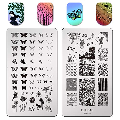 Ejiubas Nail Stamping Plates Double Side Nail Art Stamping Kits DIY Layering Plates Nail Stamper Templates 2pcs Nail Art Design EJB-X14 X15