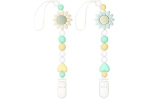 LSTRAGY Silicone Pacifier Clip, 2 Pack Pacifier Holder for Boys and Girls, Adorable Sunflower Pacifier Clips Fits for Most Pacifier, Baby Teethers, Baby Shower and Baby Gift (Light Blue&Cream)