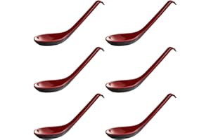 6 Pack - Red and Black 6.5-inch Asian Soup Spoon with Hook– Fuji Chinese Japanese Korean Style Spoon, Perfect for Melamine Wo