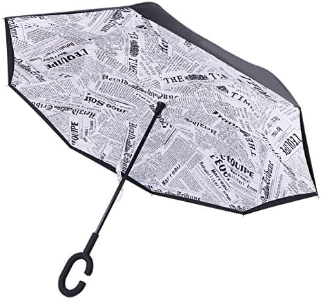 Inverted Umbrella Reverse Folding C Shape Handle Double Layer Rain Wind Sun UV Proof Automatic Umbrella with Carry Bag (Newspaper)