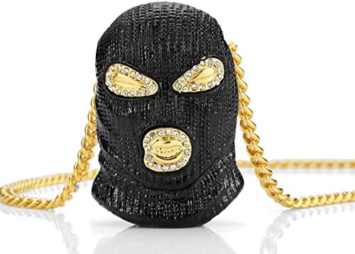 MTFS Hip Hop Crystal Mask Pendant Necklace,29.5inches (Black + Golden chain)