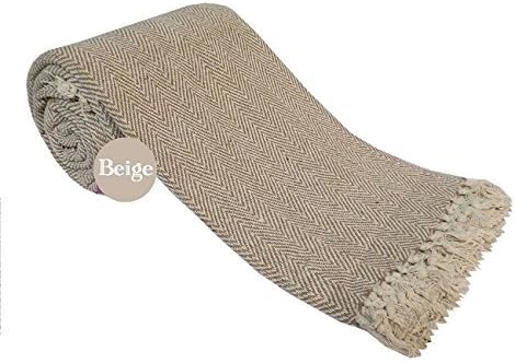 HERRINGBONE 100% Cotton BEIGE Sofa / Bed Throw , 70 x 100 (Perfect for 1/2 seater sofa/settee or as throw for a single size bed) - With Tasselled Edging by Viceroy Bedding by Viceroybedding