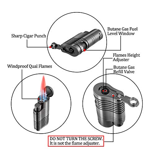 PIPITA Windproof Cigar Lighter Torch Quad 4 Jet Red Flame RefillableButane Gas Cigar Lighter with Punch Metal Cigarette Lighter (Gunmetal Gray)