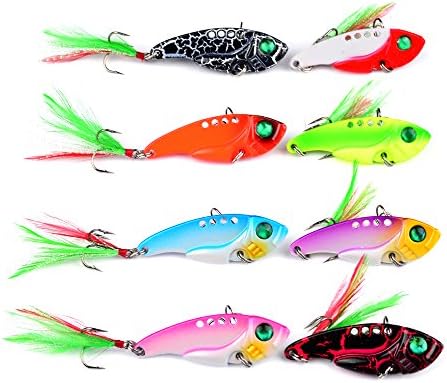 YeaFun VIB Spoon Blade Metal Fishing Lure, Bream Bass Flathead Crank bait Spinner pack of 8