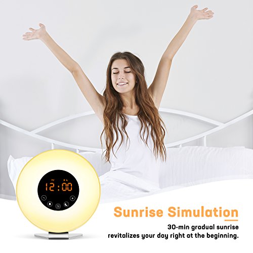 Wake Up Light Alarm Clock with Sunrise Sunset Simulation[2018 New Arrival] Include 6 Natural Sounds/FM Clock Radio/10 Brightness Levels/7 Colors Night Light/Snooze Function