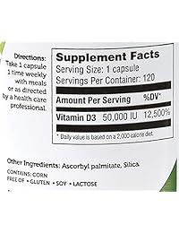 Vitamina D3 de Zahler con 50,000 IU. Suplemento de 120 cápsulas para el huesos, dientes y sistema...