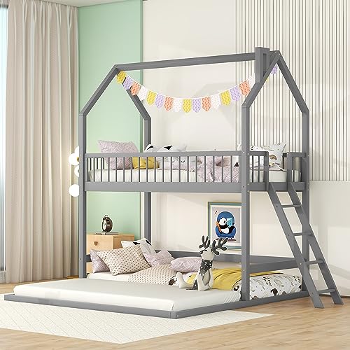 HBRR Twin Over Twin House Bunk Bed with Extending Trundle and