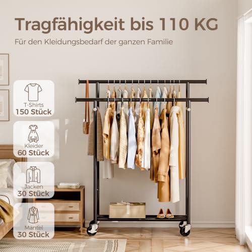 HYSEYY Clothes Rack on Wheels, Double Clothes Rail with 4 Lockable Wheels and Shelf, 110kg Load Capacity, Sturdy Coat Rack for Bedroom, Laundry Room, Black