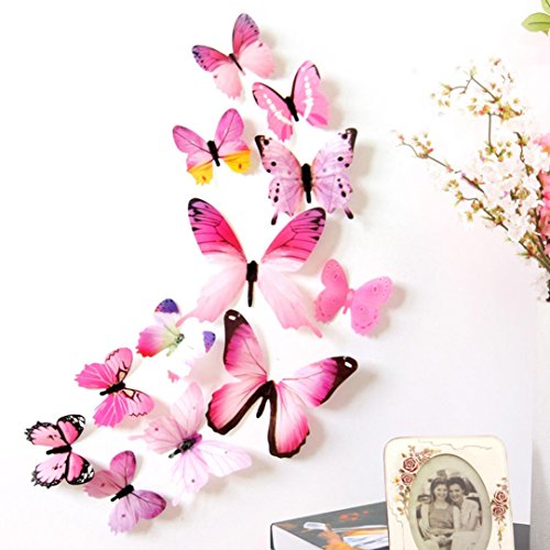 Quaanti 2018 Wall Stickers 12pcs Decal Wall Stickers Home Decorations 3D Butterfly Rainbow PVC Wallpaper for Living Room (Pink)