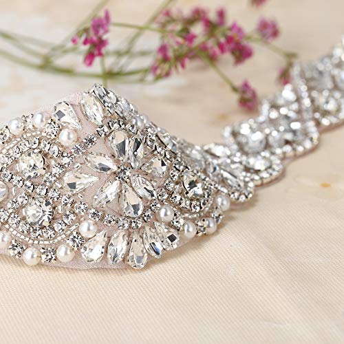 Crystal Applique with Champagne Back Adhesive, FANGZHIDI Beaded Applique with Silver Rhinestone Claw- Best for DIY on Wedding Dress, Bridal Belt Sash - Thumbnail 3