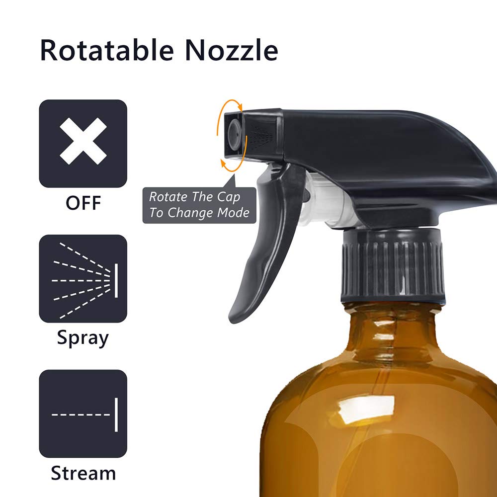16 oz Empty Amber Glass Spray Bottles, Refillable Container for Essential Oils, Cleaning Products, or Aromatherapy, Durable Trigger Sprayer w/Mist and Stream Settings-6 Pack : Beauty