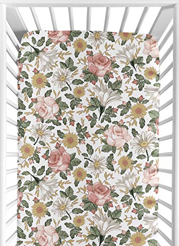 Sweet Jojo Designs Vintage Floral Boho Girl Fitted Crib Sheet Baby or Toddler Bed Nursery - Blush Pink, Yellow, Green and White Shabby Chic Rose Flower Farmhouse