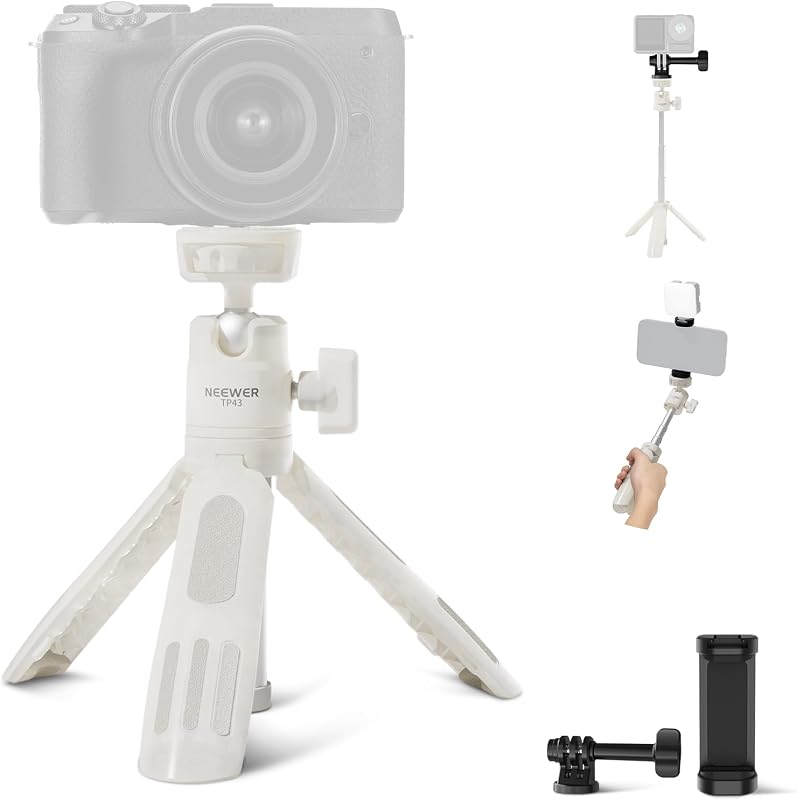 BASICS Mini Tisch Selfie Stick Stativ kompatibel mit iPhone GoPro Insta360 DJI, tragbare kleine Kamera, Webcam Android Handyhalterung, Kugelkopf, erhöhte Achse, Videoaufnahme Ständer, TP43 Weiß