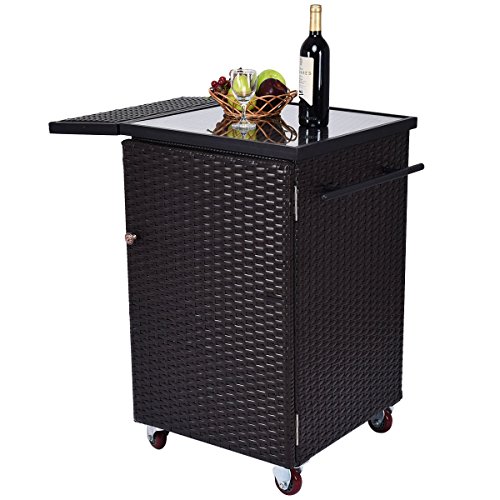 Rattan Wicker Kitchen Trolley Cart Patio Roller Dining Storage Glass Stand