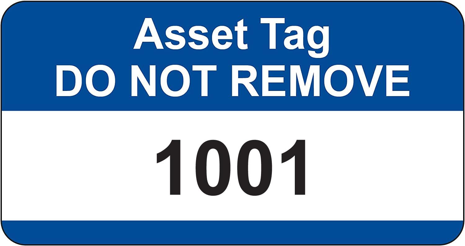Blue Asset Tag Labels - Numbered 1001 to 1500-38mm x 20mm Permanent Synthetic PP Labels - Price per Pack of 500 Labels (P/NO. 7828256C)