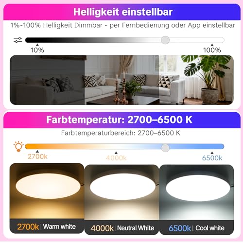 Laiebri Ceiling Light LED Ceiling Light, 24 W Diameter 30 cm, Smart RGBIC LED Kitchen Lamp with Remote Control, Works Compatible with App Control, Dimmable Lamp for Bedroom, Living Room