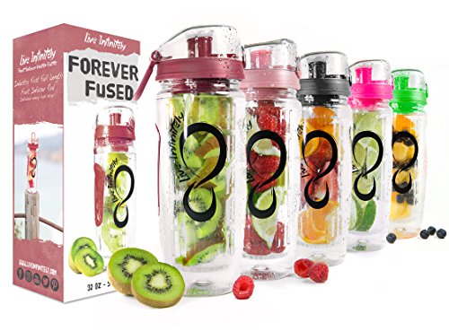 Live Infinitely 32 oz. Infuser Water Bottles - Featuring a Full Length Infusion Rod, Flip Top Lid, Dual Hand Grips & Recipe Ebook Gift (Dark Red, 32 oz)