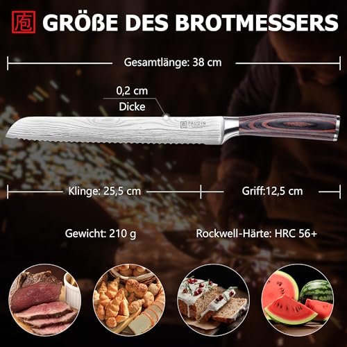 PAUDIN Brotmesser mit Wellenschliff 26 cm aus hochwertigem rostfreiem Edelstahl, extra scharfe Messerklinge mit ergonomischem Pakkaholzgriff thumbnail 2