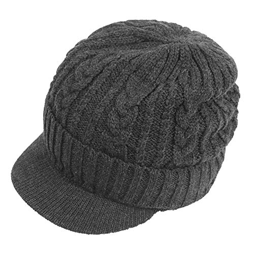 Original One Men Sports Winter Cable Knit Visor Brim Beanie Hat with Bill Fleece Lined Baseball Cap (Grey)