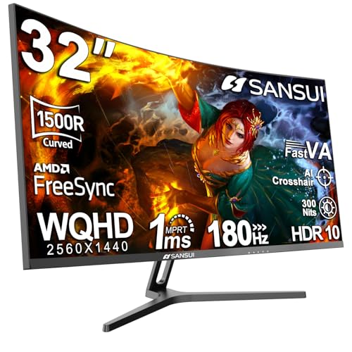 SANSUI 32-Inch Curved Gaming Monitor WQHD 2560 x 1440 180Hz Curved 1500R -Fast VA,1ms(OD), HDR, 300nits, sRGB 125%, DCI-P3 95%, FreeSync, HDMI x2, DP1.4x2(DP Cable Included)