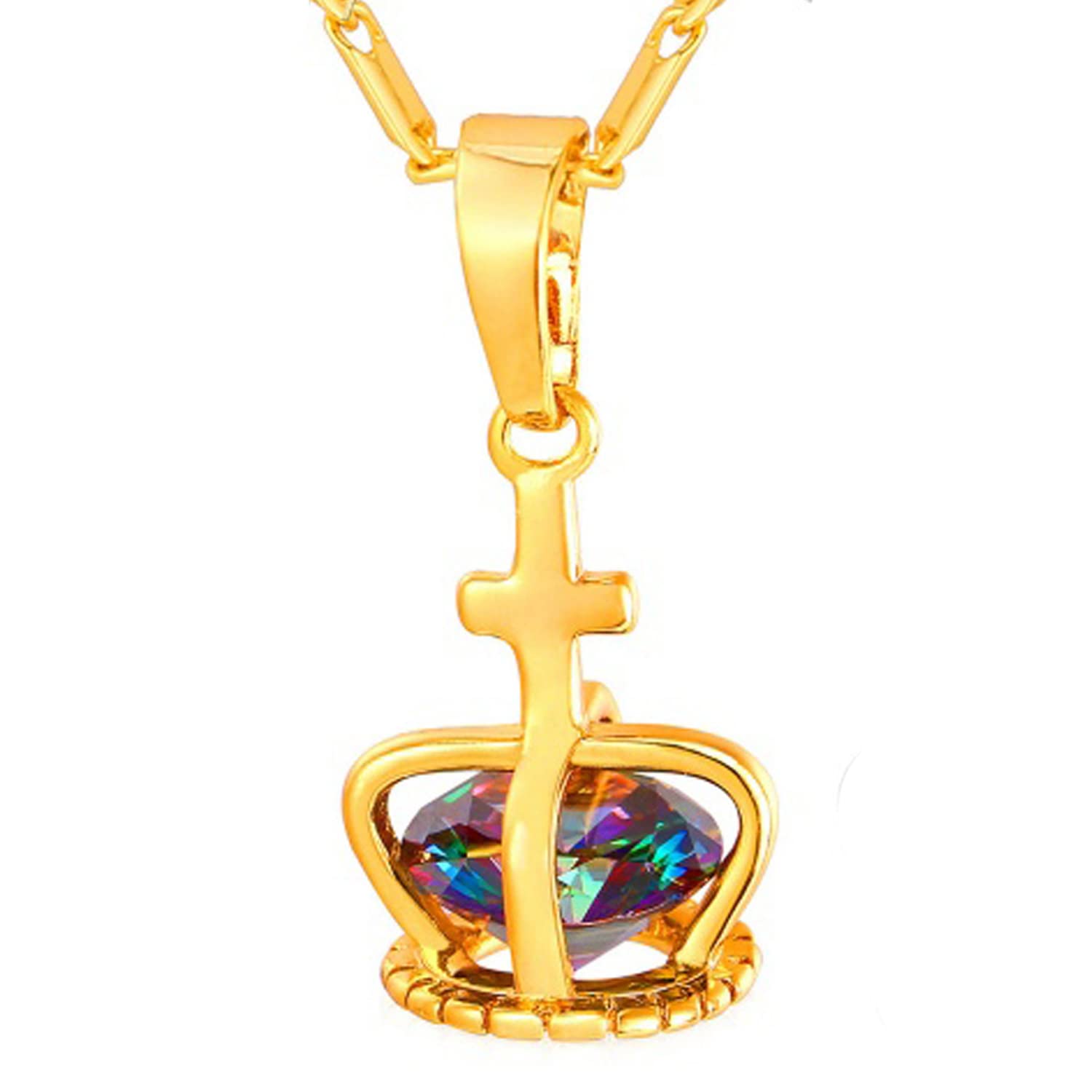 IzuBizu London Womens 18 CT Gold Plated Rainbow Diamond Crown Necklace Girls Princess Holiday Anniversary Mother's Day Jewellery