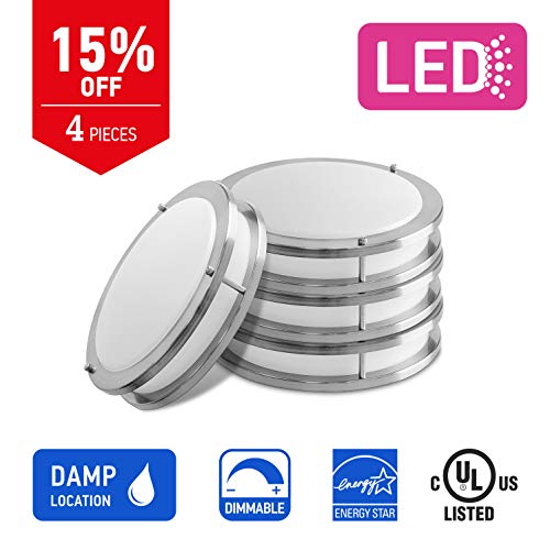 OSTWIN 12-inch Small size LED Ceiling Light Fixture Flush Mount, Dimmable, Round 15 Watt (75W Repl) 5000K Daylight, 1050 Lm, Nickel Finish with Acrylic shade (4 Pack) UL and ENERGY STAR listed
