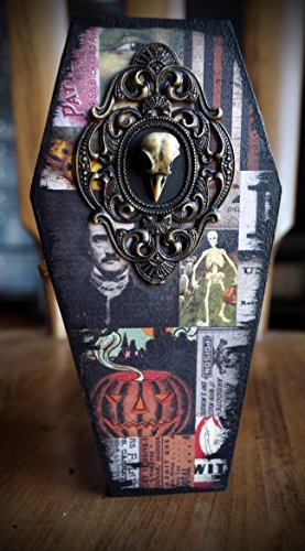 Black and Brown Hand Made Macabre Resin Bird Skull on Vintage Halloween Print Coffin Trinket Stash Jewelry Box