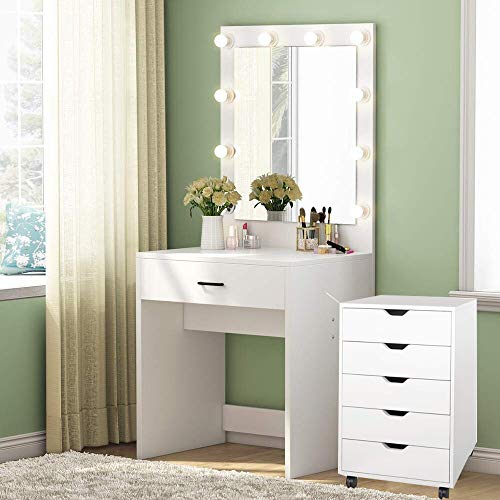 eMerit 5 Drawer Wood File Cabinet Roll Cart Drawer for Home Office Organization White