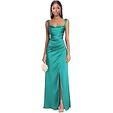 Spaghetti Straps Satin Bridesmaid Dresses with Slit for Women Cowl Neck Pleates Mermaid Bodycon Formal Evening Dress