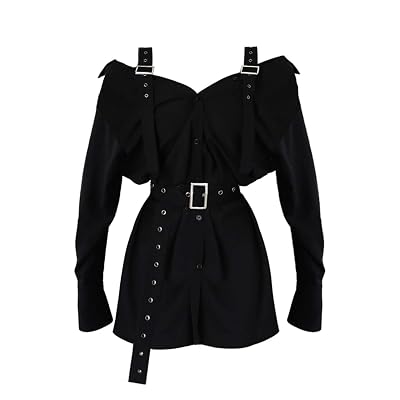 Zachaomero Harajuku Goth Little Black Dress with Buckle Straps Belt Cold Shoulder Shirt Dress Gothic Party Night Dress