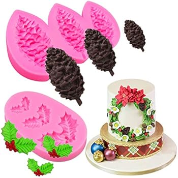 BUSOHA Christmas Decor Molds - Christmas Holly Leafs/Pine Cone Fondant Silicone Molds Baking Chocolate Candy Sugar Craft Cake Decorations Molds