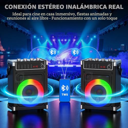 JYX Karaoke Machine with Two Wireless Microphones, Bass/Treble Adjustment and LED Light, TWS Support, AUX Input, FM Radio, REC, Party/Meeting/Wedding Supply - Black